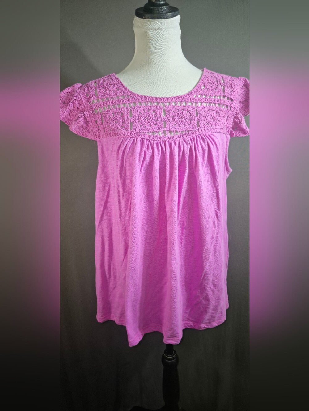 Terra & Sky Pink Crochet Yoke Short Sleeve Top